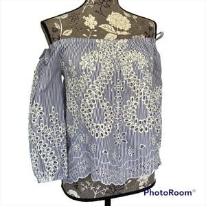 Express Off Shoulder Gathered Peasant Top Floral Eyelet Embroidery Cutouts